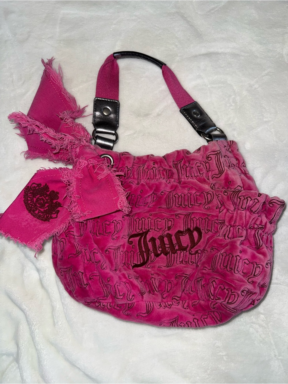 Juicy Couture Glamorous vintage Hot Pink Velour Shoulder Bag with Scarf Accent